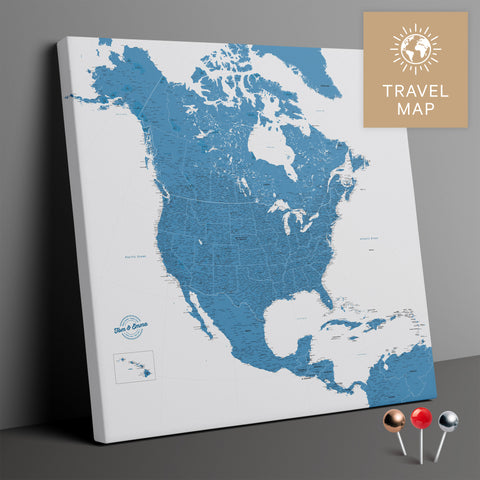 Nordamerika Landkarte in Blau mit sehr hohem Detailgrad als Pinnwand Leinwand zum Pinnen und Markieren von Reisezielen kaufen