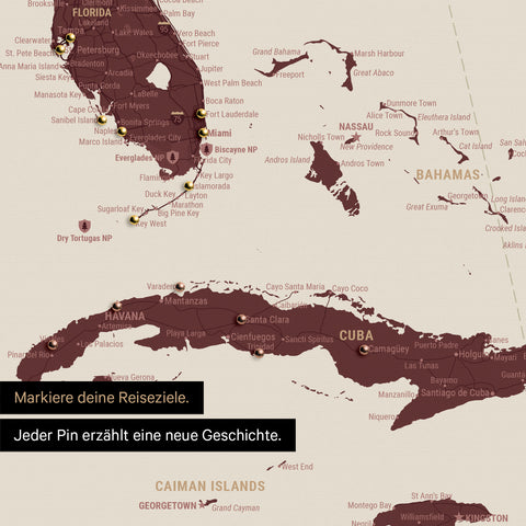 Detaillierte Nordamerika Karte als Pinn-Leinand in Bordeaux Rot zeigt Pins ins Reisezielen von Florida und Kuba