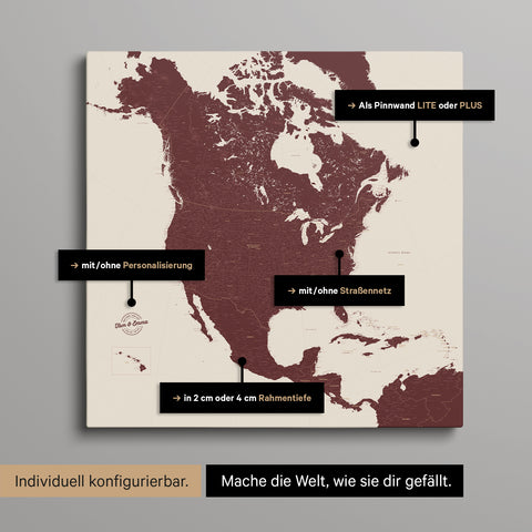 Vielfältige Konfigurationsmöglichkeiten einer Nordamerika Landkarte als Pinn-Leinwand in Farbe Bordeaux Rot