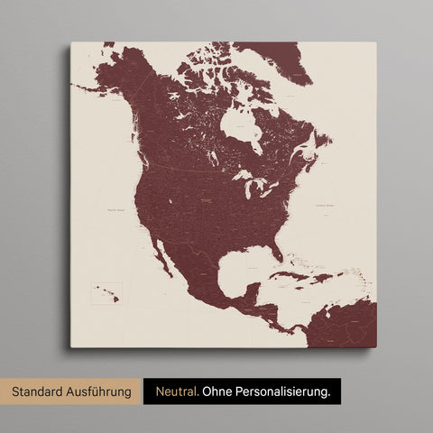 Neutrale und schlichte Ausführung einer Nordamerika Karte als Pinn-Leinwand in Bordeaux Rot