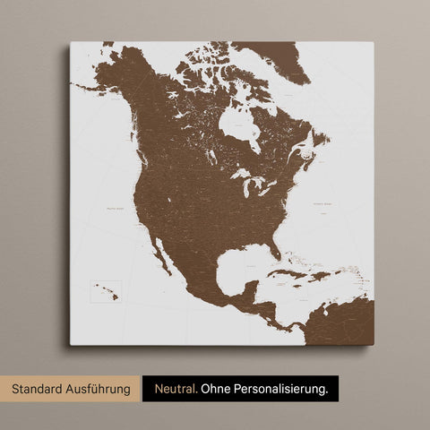 Neutrale und schlichte Ausführung einer Nordamerika Karte als Pinn-Leinwand in Braun