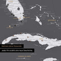 Detaillierte Nordamerika Karte als Pinn-Leinand in Dunkelgrau zeigt Pins ins Reisezielen von Florida und Kuba