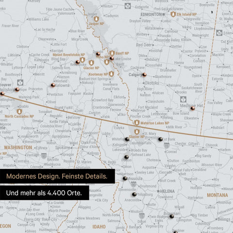 Ausschnitt einer Nordamerika Landkarte als Pinn-Leinwand in Dunkelgrau zeigt Reiseziele und Highlights in Kanada und USA