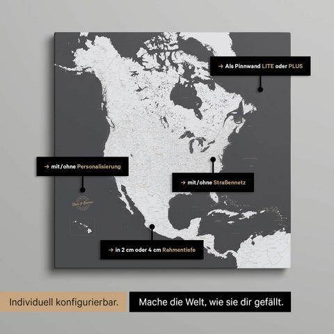 Vielfältige Konfigurationsmöglichkeiten einer Nordamerika Landkarte als Pinn-Leinwand in Farbe Dunkelgrau