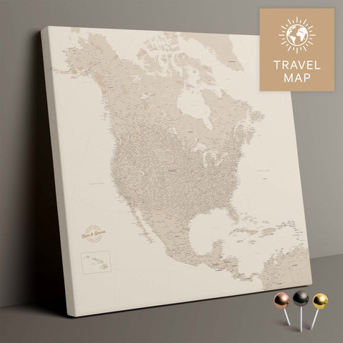 Nordamerika Landkarte in Gold mit sehr hohem Detailgrad als Pinnwand Leinwand zum Pinnen und Markieren von Reisezielen kaufen