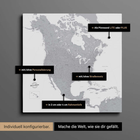 Vielfältige Konfigurationsmöglichkeiten einer Nordamerika Landkarte als Pinn-Leinwand in Farbe Hellgrau