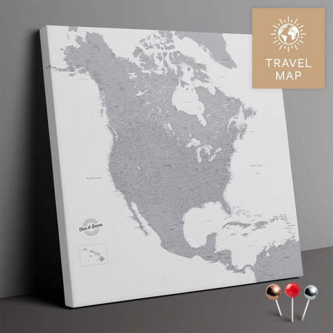 Nordamerika Landkarte in Hellgrau mit sehr hohem Detailgrad als Pinnwand Leinwand zum Pinnen und Markieren von Reisezielen kaufen