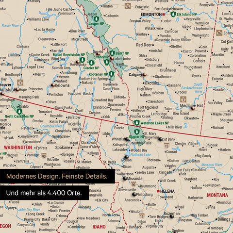 Ausschnitt einer Nordamerika Landkarte als Pinn-Leinwand in Multicolor Classic zeigt Reiseziele und Highlights in Kanada und USA