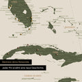 Detaillierte Nordamerika Karte als Pinn-Leinand in Olive Green zeigt Pins ins Reisezielen von Florida und Kuba