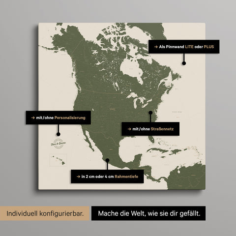 Vielfältige Konfigurationsmöglichkeiten einer Nordamerika Landkarte als Pinn-Leinwand in Farbe Olive Green