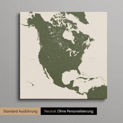 Neutrale und schlichte Ausführung einer Nordamerika Karte als Pinn-Leinwand in Olive Green
