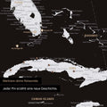 Detaillierte Nordamerika Karte als Pinn-Leinand in Schwarz-Weiss zeigt Pins ins Reisezielen von Florida und Kuba