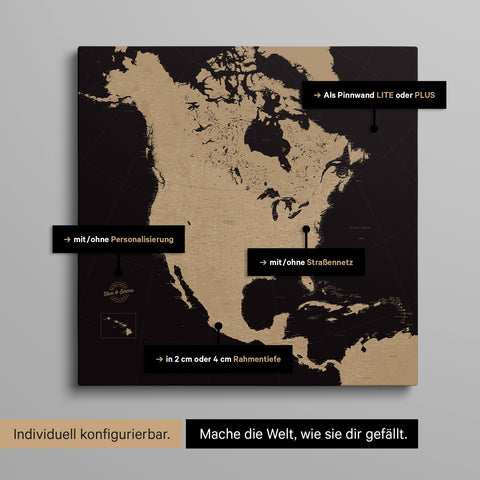 Vielfältige Konfigurationsmöglichkeiten einer Nordamerika Landkarte als Pinn-Leinwand in Farbe Sonar Black (Schwarz-Gold)