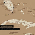 Detaillierte Nordamerika Karte als Pinn-Leinand in Treasure Gold zeigt Pins ins Reisezielen von Florida und Kuba