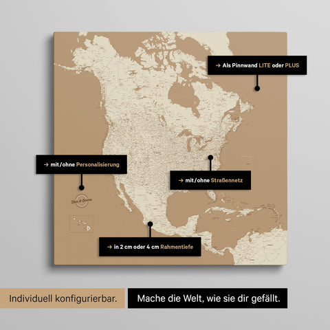Vielfältige Konfigurationsmöglichkeiten einer Nordamerika Landkarte als Pinn-Leinwand in Farbe Treasure Gold