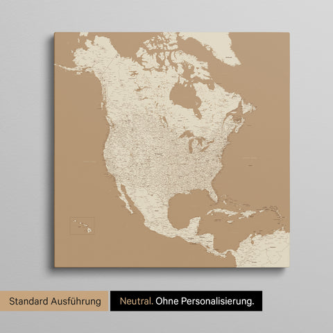 Neutrale und schlichte Ausführung einer Nordamerika Karte als Pinn-Leinwand in Treasure Gold