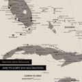 Detaillierte Nordamerika Karte als Pinn-Leinand in Warmgray (Braun-Grau) zeigt Pins ins Reisezielen von Florida und Kuba