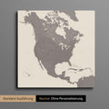 Neutrale und schlichte Ausführung einer Nordamerika Karte als Pinn-Leinwand in Warmgray (Braun-Grau)
