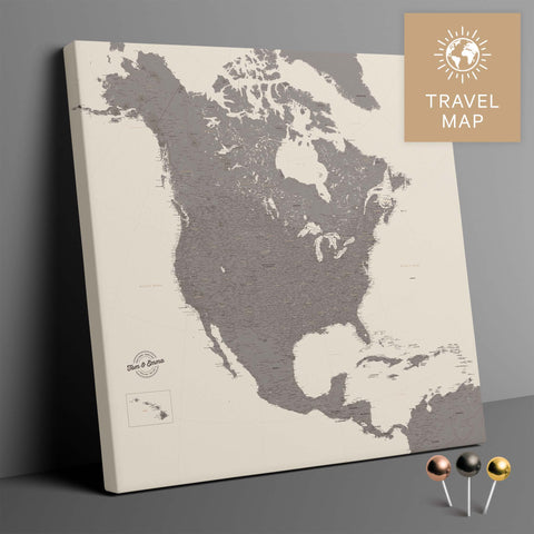 Nordamerika Landkarte in Warmgray (Braun-Grau) mit sehr hohem Detailgrad als Pinnwand Leinwand zum Pinnen und Markieren von Reisezielen kaufen