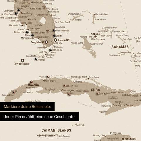 Sehr detaillierte Nordamerika Karte als Papier-Poster zeigt Pins ins Reisezielen von Florida und Kuba