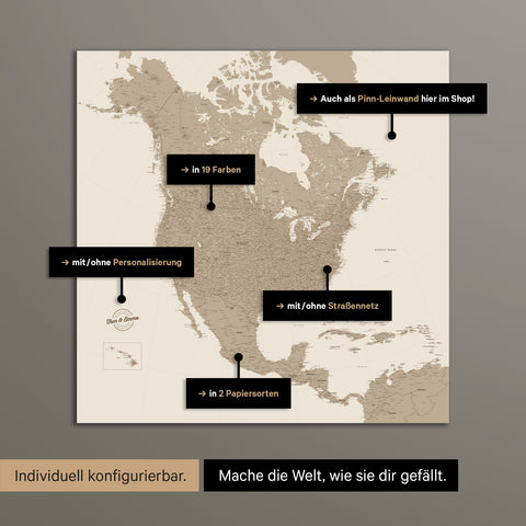 North America Map TRAVEL® Premium Poster – in 19 colors