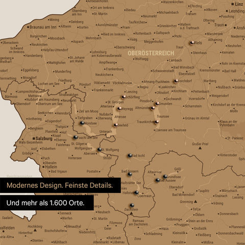 Ausschnitte einer Österreichkarte mit dem Salzkammergut und der Steiermark als Pinn-Leinwand in Bronze mit 1.600 Orten