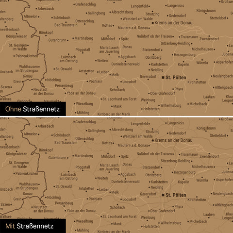 Österreich-Karte Leinwand in Bronze wahlweise mit oder ohne Straßennetz