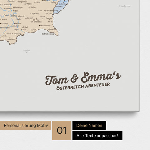 Politische Österreich-Karte als Pinnwand Leinwand in Multicolor Atlas mit Personalisierung und Eindruck mit deinem Namen