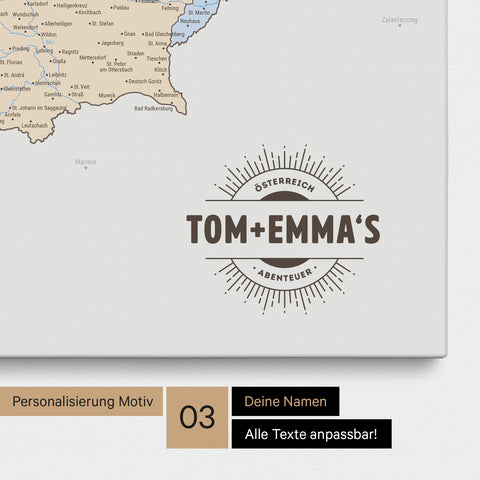 Politische Österreich-Karte als Pinn-Leinwand in Multicolor Atlas mit eingedruckten Namen als Logo in Form einer Sonne