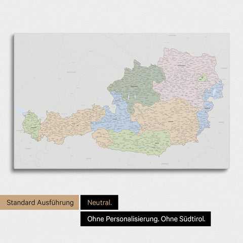 Neutrale und schlichte Standard-Ausführung einer politischen Österreich-Karte als Pinn-Leinwand in Multicolor Atlas