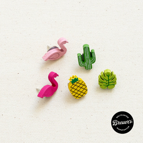 Holz-Pins Flamingo, Kakteen & Ananas (5 Stück)