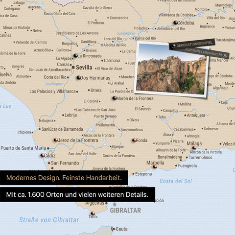 Politische Spanien- & Portugal Landkarte als Leinwand zum Pinnen zeigt einen Ausschnitt der Costa del Sol mit vielen Details wie Nationalparks, Flüssen und zahlreichen kleinen Orten und Städten, die mit Pins markiert sind