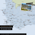 Detail of a political South Africa map as a Push Pin Map in minimalist design, showing travel destinations marked with pins in the region around Cape Town. Photos can also be attached to the Push Pin Map.