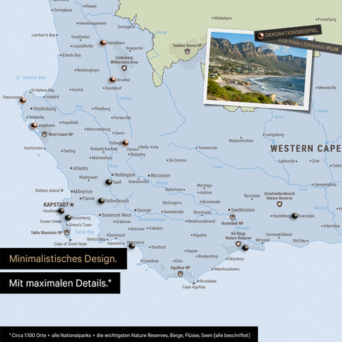 Detail of a political South Africa map as a Push Pin Map in minimalist design, showing travel destinations marked with pins in the region around Cape Town. Photos can also be attached to the Push Pin Map.