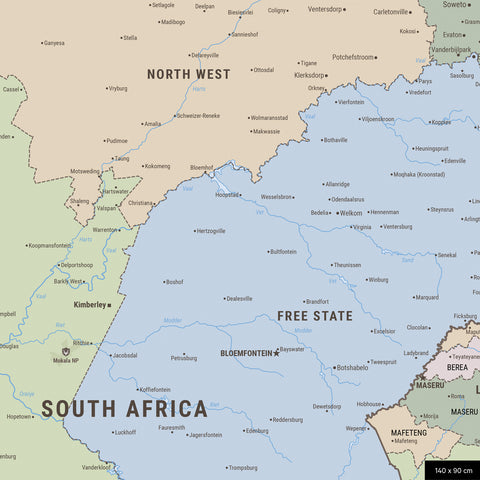 Detail einer politischen Südafrika-Karte zum Pinnen und Markieren von Orten