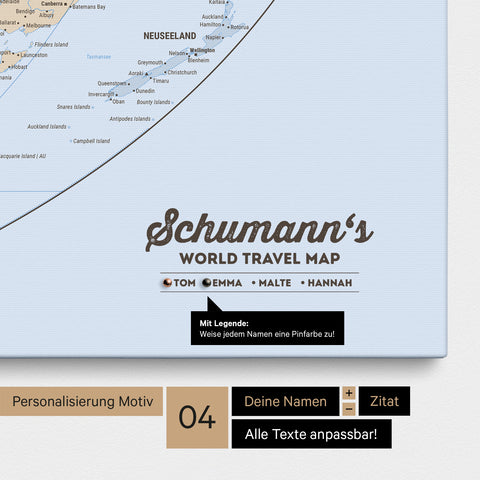 Leinwand einer politischen Weltkarte in der Equal-Earth-Projektion in Multicolor Atlas mit Personalisierung als Logo mit Familiennamen und Legende