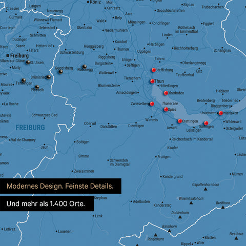 Ausschnitte einer Schweizkarte in der Region Freiburg und Thunersee als Pinn-Leinwand in Blau mit 1.400 Orten