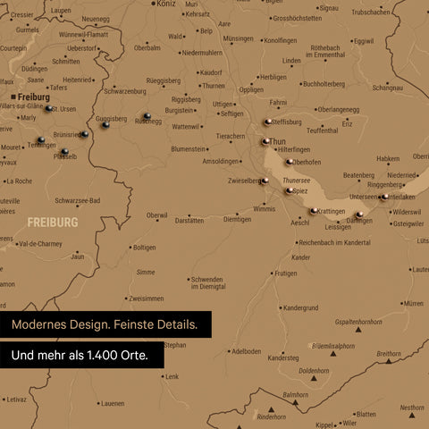 Ausschnitte einer Schweizkarte in der Region Freiburg und Thunersee als Pinn-Leinwand in Bronze mit 1.400 Orten