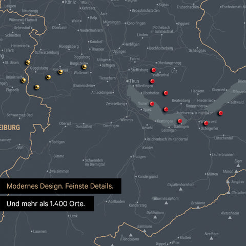 Ausschnitte einer Schweizkarte in der Region Freiburg und Thunersee als Pinn-Leinwand in Denim Blue mit 1.400 Orten