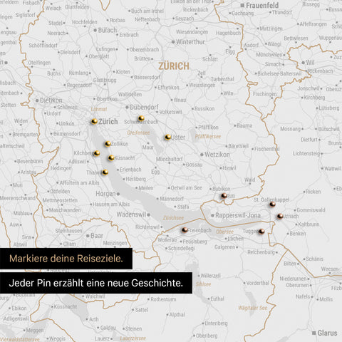 Detail einer Schweiz-Karte als Pinn-Leinwand in Dunkelgrau mit Pins rund um Zürich