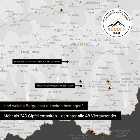 Schweiz-Karte mit allen 4000er Viertausender Bergen