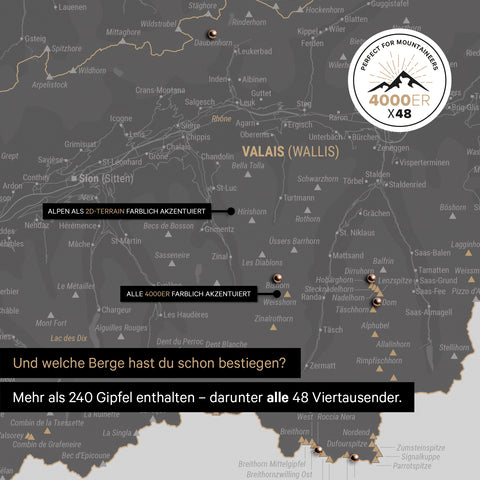 Schweiz-Karte mit allen 4000er Viertausender Bergen