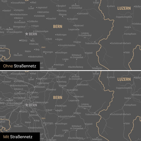 Schweiz-Karte Leinwand in Dunkelgrau wahlweise mit oder ohne Straßennetz