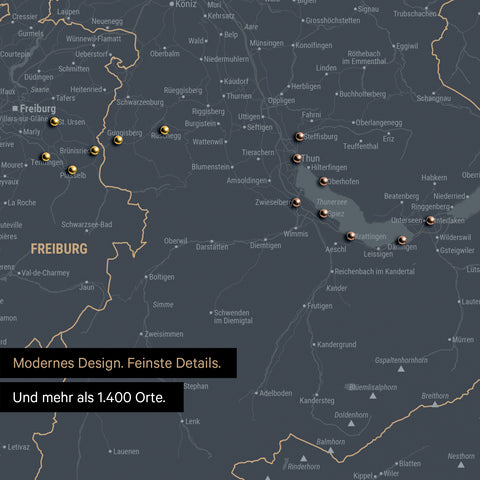 Ausschnitte einer Schweizkarte in der Region Freiburg und Thunersee als Pinn-Leinwand in Navy Light mit 1.400 Orten