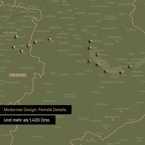 Ausschnitte einer Schweizkarte in der Region Freiburg und Thunersee als Pinn-Leinwand in Olive Green mit 1.400 Orten