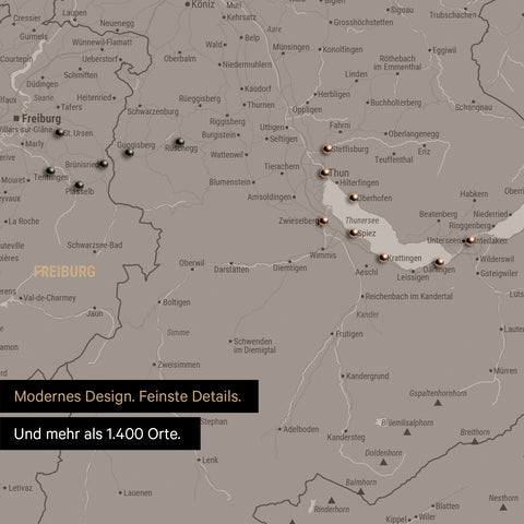 Ausschnitte einer Schweizkarte in der Region Freiburg und Thunersee als Pinn-Leinwand in Warmgray (Braun-Grau) mit 1.400 Orten