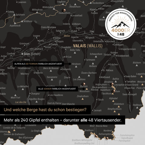 Schweiz-Karte mit allen 4000er Viertausender Bergen