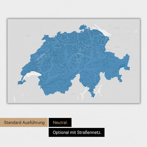 Neutrale und schlichte Ausführung einer magnetischen Schweiz-Karte in Blau