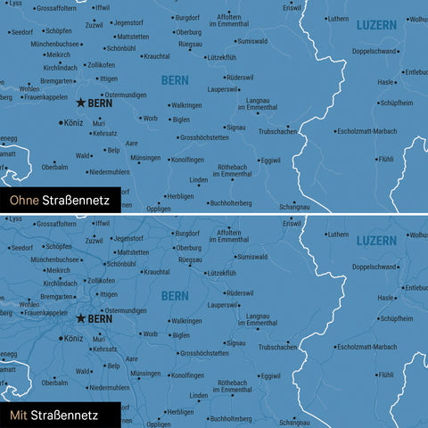 Magnetische Schweiz-Karte Leinwand in Blau wahlweise mit oder ohne Straßennetz