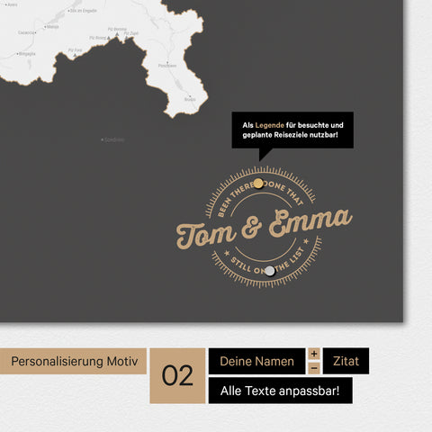 Personalisierte Magnet-Schweiz-Karte in Dunkelgrau mit eingedruckten Namen und einer Legende zur Markierung von besuchten Orten